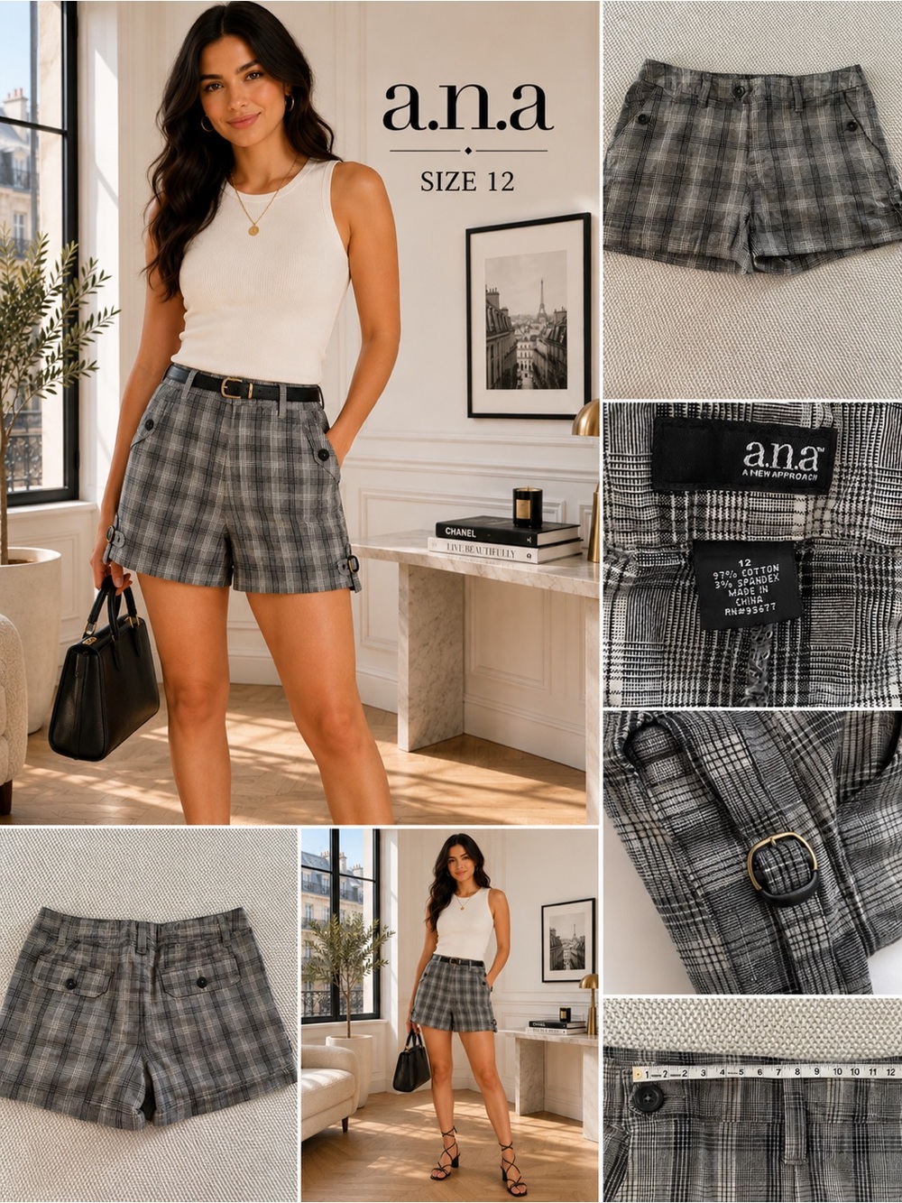 a.n.a Gray Plaid Utility Shorts Size 12 Cotton Stretch Buckle Tabs - Picture 2 of 13